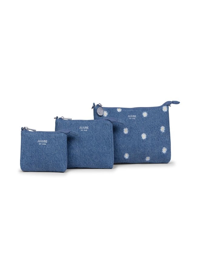 JuJuBe 3-Piece Pouch Set Diaper Bag Organizing Pouches, Perfect for Travel, On The Go, Zipper Cosmetic Makeup Bag or Diaper and Wipes Storage Pouch, Large, Medium, & Small, Denim & Daisies (Blue) - Image 1